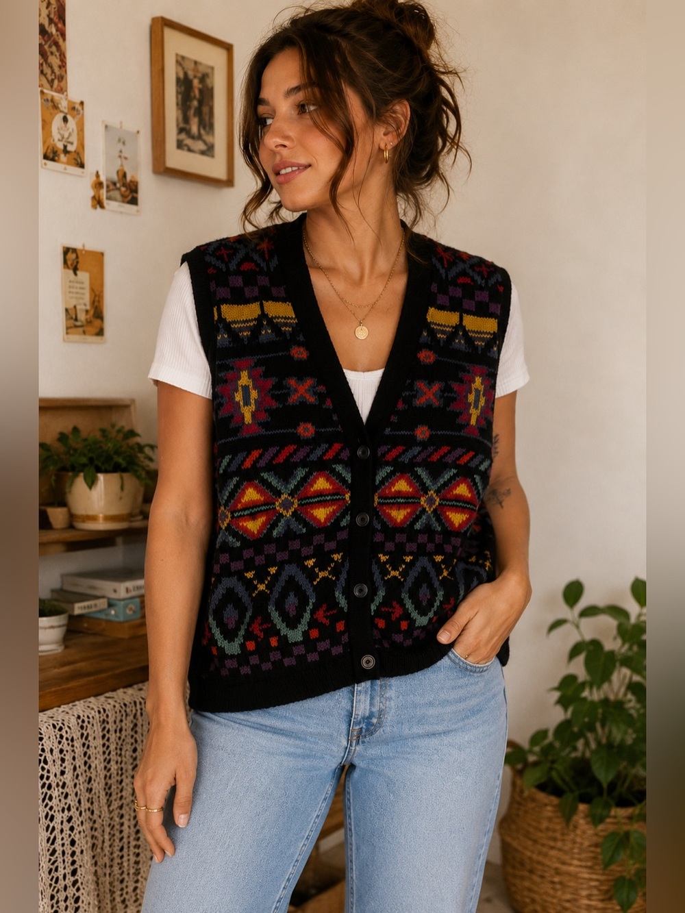Vintage Yamamoto Southwestern Knit Sweater Vest Ramie Cotton Boho Free Size